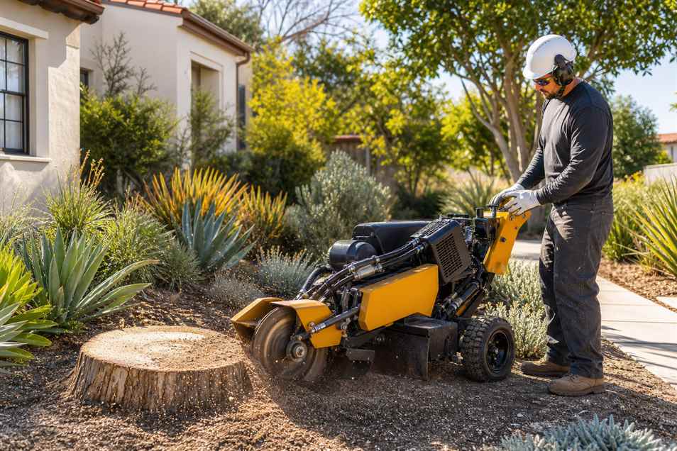 Stump grinder clearing a tree stump in a Los Angeles yard